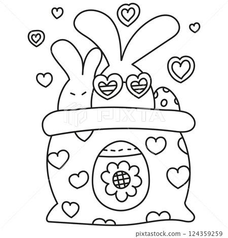 boho groovy easter Two playful bunnies in a heart-decorated basket. in doodle line style 124359259