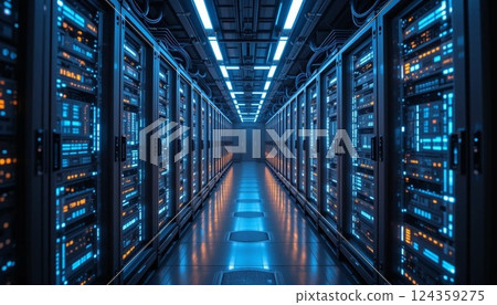 Futuristic Data Center with Glowing LED Server Racks | High-Tech Network Infrastructure. Futuristic Data Center with Glowing LED Server Racks | High-Tech Network Infrastructure. 124359275