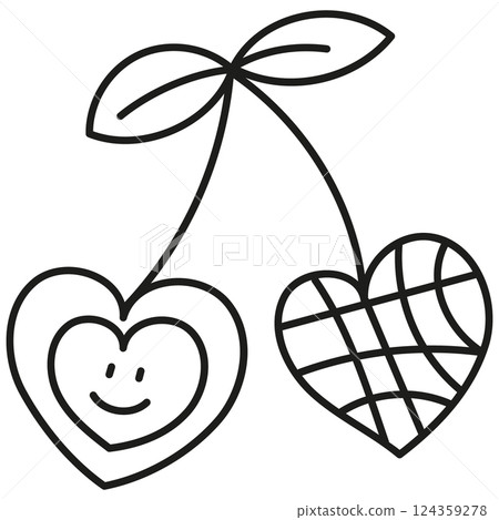 boho groovy easter Two smiling hearts connected by a leaf, playful and whimsical design. in doodle line style 124359278