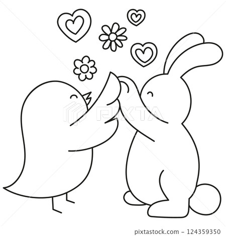 boho groovy easter Cute bird and bunny exchanging flowers and hearts. in doodle line style 124359350