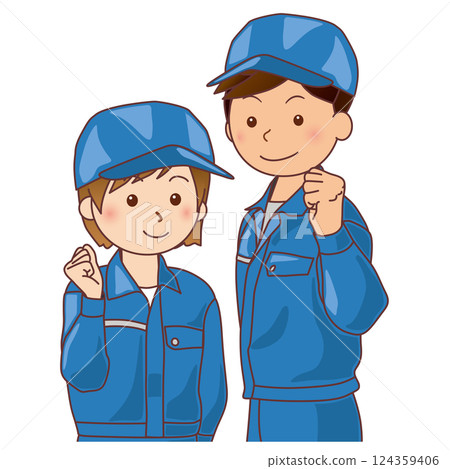 Men and women in work clothes posing in a fist pump 124359406