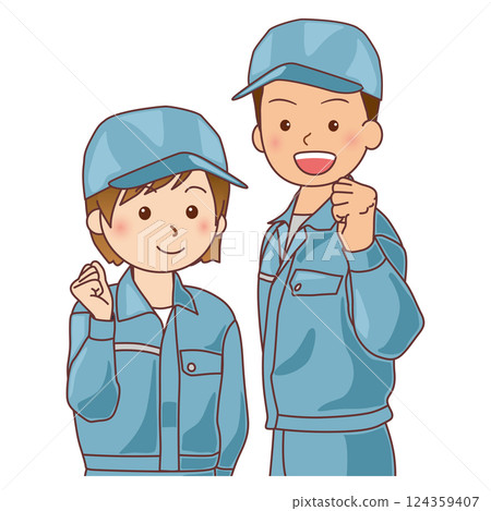 身著工作服的男女擺出握拳姿勢 124359407