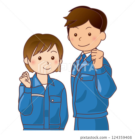 身著工作服的男女擺出握拳姿勢 124359408