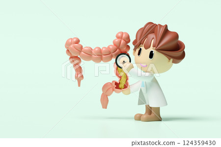 3d human colon cross section with waste in the intestine, doctor hand holding stethoscope isolated on green background. check colon health, constipation concept, 3d illustration render 124359430