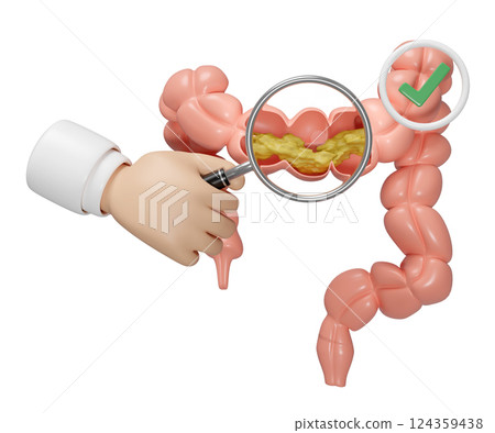 3d human colon cross section with waste in the intestine, doctor hand holding magnifying glas, check mark isolated. check colon health, constipation concept, 3d illustration render 124359438