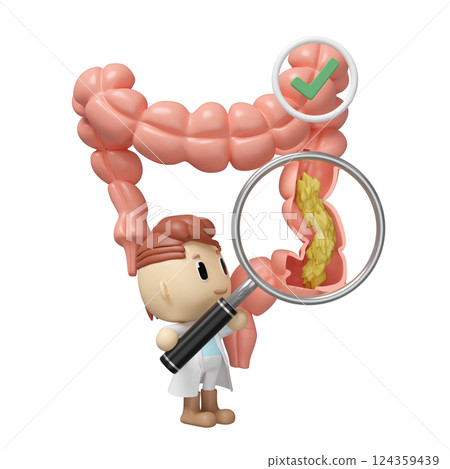 3d human colon cross section with waste in the intestine, doctor hand holding magnifying glas, check mark isolated. check colon health, constipation concept, 3d illustration render 124359439