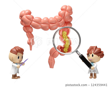 3d human colon cross section with waste in the intestine, doctor hand holding magnifying glas, check list isolated. check colon health, constipation concept, 3d illustration render 3d human colon cross section with waste in the intestine, doctor hand holding magnifying glas, check list isolated. check colon health, constipation concept, 3d illustration render 124359441