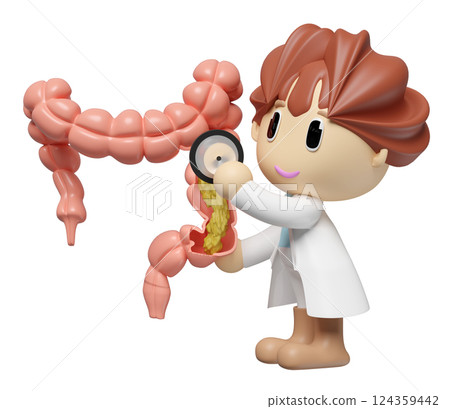 3d human colon cross section with waste in the intestine, doctor hand holding stethoscope isolated. check colon health, constipation concept, 3d illustration render 124359442