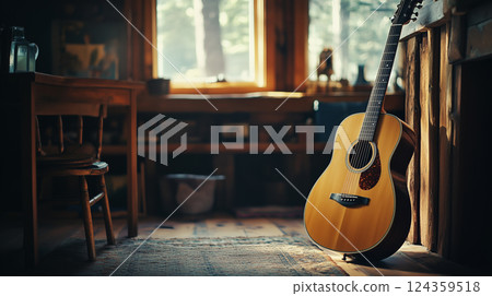 Acoustic Guitar by the Window in Warm Sunlight 124359518