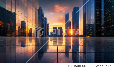 Modern City Skyline Reflected at Sunset 124359647