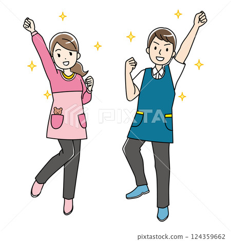 Color illustration of a lively young man and woman in aprons Color illustration of a lively young man and woman in aprons 124359662