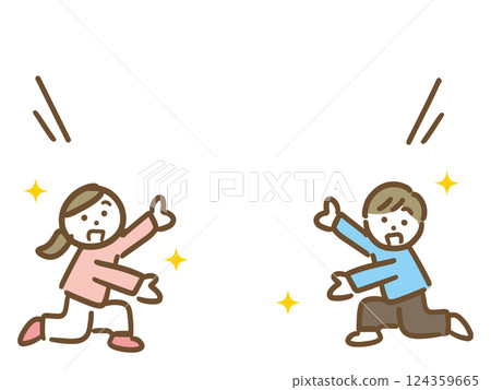 一對身著休閒裝的年輕男女（全身像）透過簡單的對話框和張開的雙臂進行自我介紹。 124359665