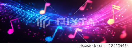 Colorful Musical Notes Flowing on a Vibrant Wave Background 124359684