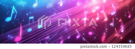 Colorful Musical Notes Flowing on a Vibrant Wave Background 124359685