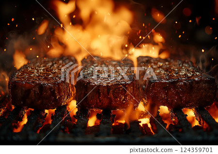 Beef steaks on a barbecue grill Beef steaks on a barbecue grill 124359701