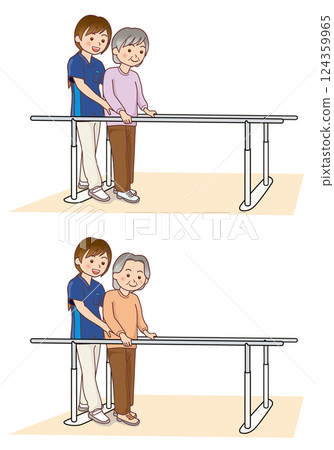 Elderly woman undergoing rehabilitation using staff and parallel bars 124359965