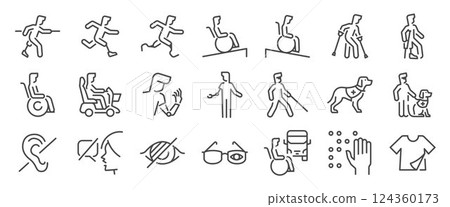 Disability icon set. It includes handicap, accessibility, disabled, human, and more icons. Editable Vector Stroke. Disability icon set. It includes handicap, accessibility, disabled, human, and more icons. Editable Vector Stroke. 124360173