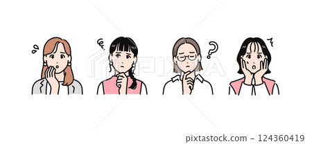 一組簡單的向量插圖，描繪了一個時尚的商人帶著憂慮的表情 124360419