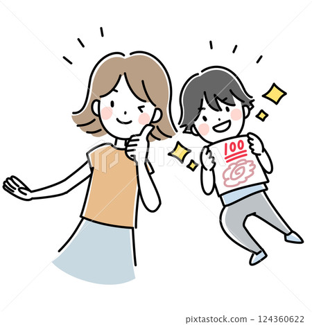 Illustration of a parent and child happy to get 100 points 124360622