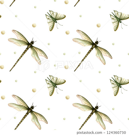 Seamless pattern with dragonfly and butterfly. Summer insects. Entomology. Watercolor illustration on white background. For wrapping paper, packaging, textile, stationery, scrapbook, print product 124360730