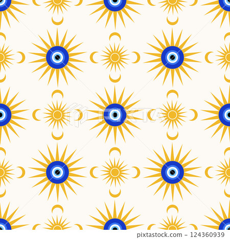 Evil eye seamless pattern. Blue magic nazar. Greek and Turkish vector background with ethnic amulet. Mystic talisman - traditional symbol of luck energy and protection. Evil eye seamless pattern. Blue magic nazar. Greek and Turkish vector background with ethnic amulet. Mystic talisman - traditional symbol of luck energy and protection. 124360939