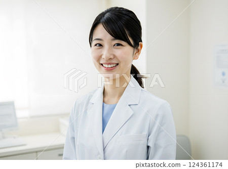 Smiling female doctor in a white coat, AI generated Smiling female doctor in a white coat, AI generated 124361174