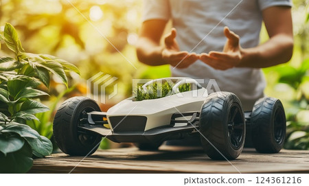 Eco-Friendly Concept Car with Plants in Natural Ambience and Hands Gesturing Towards It 124361216