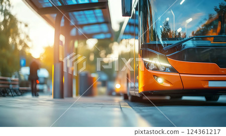 Modern orange bus at urban bus stop during sunset with soft bokeh background effect 124361217