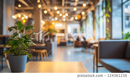 Cozy modern cafe interior with bright daylight, decorative plants, and warm atmosphere 124361238