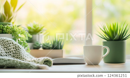 Cozy workspace with plants, book, cup, and knitted blanket in bright and inviting setting Cozy workspace with plants, book, cup, and knitted blanket in bright and inviting setting 124361251