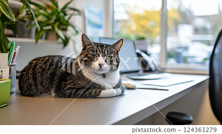Cat Relaxing on Office Desk Surrounded by Greenery and Natural Light in Cozy Workspace 124361279