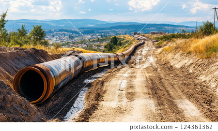 Large Pipeline Project for Transporting Water to City in Rural Landscape with Mountains Large Pipeline Project for Transporting Water to City in Rural Landscape with Mountains 124361362