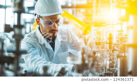 Chemical Engineer Working with Chromatography Equipment in Modern Laboratory Environment 124361371