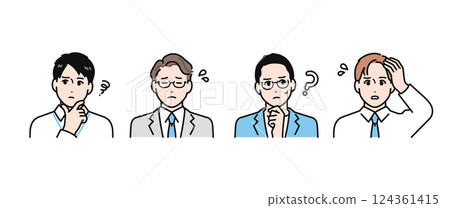 簡單的向量插圖集，描繪了一個表情憂慮的年輕人 124361415