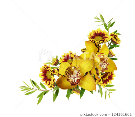 Two yellow orchid flowers and chrysanthemums in a corner floral arrangement isolated 124361661