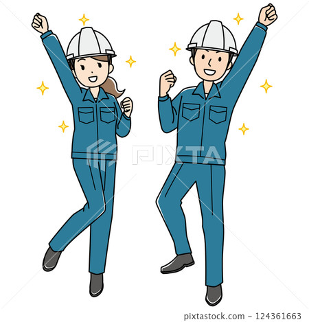 一位身穿工作服和頭盔的開朗年輕男女的彩色插圖 124361663