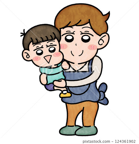 A nursery teacher carrying a child on her back 124361902