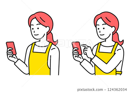 一位身穿圍裙的女士正在看智慧型手機螢幕（觀看/操作） 124362034