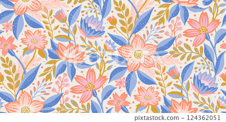 Vibrant seamless floral pattern featuring stylized flowers and leaves in pink, blue, and gold hues. Whimsical hand-drawn style with a lively appearance. Ideal for textiles, wallpaper, or packaging. 124362051