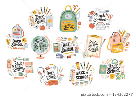 Back to school label set. School Background Poster Card. Sale tag. Flat vector illustration. Hand drawn lettering badge collection. Typography emblem Back to school label set. School Background Poster Card. Sale tag. Flat vector illustration. Hand drawn lettering badge collection. Typography emblem 124362277