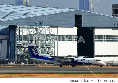 Osaka International Airport ANA Bombardier DHC8-Q400 Propeller Aircraft Takeoff Ready Sky Park Osaka International Airport ANA Bombardier DHC8-Q400 Propeller Aircraft Takeoff Ready Sky Park 124362349