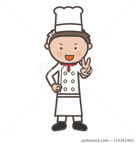 Full-body illustration of a smiling young male chef making a peace sign Full-body illustration of a smiling young male chef making a peace sign 124362402