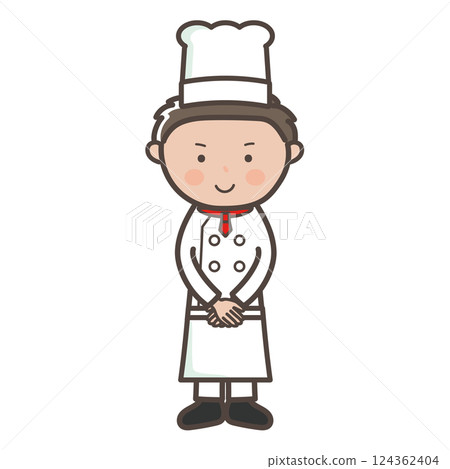 一位年輕男主廚以顧客服務姿勢迎接顧客的全身插圖 124362404