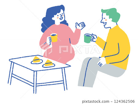 Two men and women drinking coffee while talking in a cafe_color Two men and women drinking coffee while talking in a cafe_color 124362506