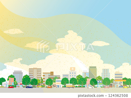Illustration of a cityscape with yellow sand flying. Air pollution. 124362508