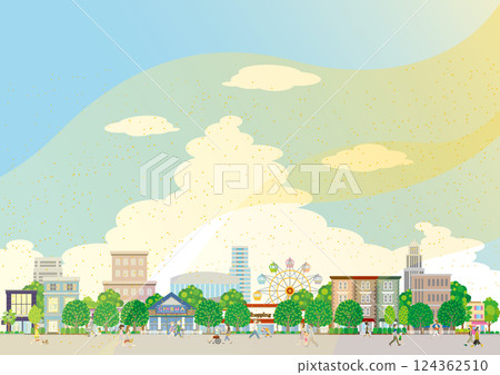 Illustration of a cityscape with yellow sand flying. Air pollution. Illustration of a cityscape with yellow sand flying. Air pollution. 124362510