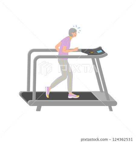 Senior woman sweating hard while running on a running machine at the gym 124362531