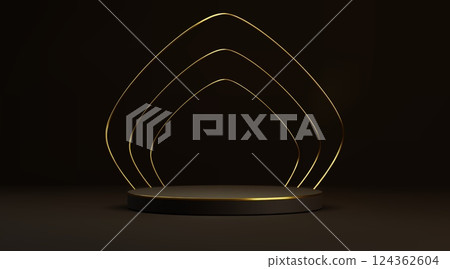 Round podium and golden arch on black background Round podium and golden arch on black background 124362604