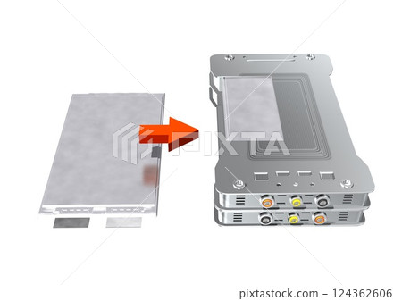 EV drive battery Lithium-ion battery Cell Cell module (3DCG image) Red arrow EV drive battery Lithium-ion battery Cell Cell module (3DCG image) Red arrow 124362606