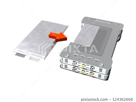 EV drive battery Lithium-ion battery Cell Cell module (3DCG image) Red arrow 124362608